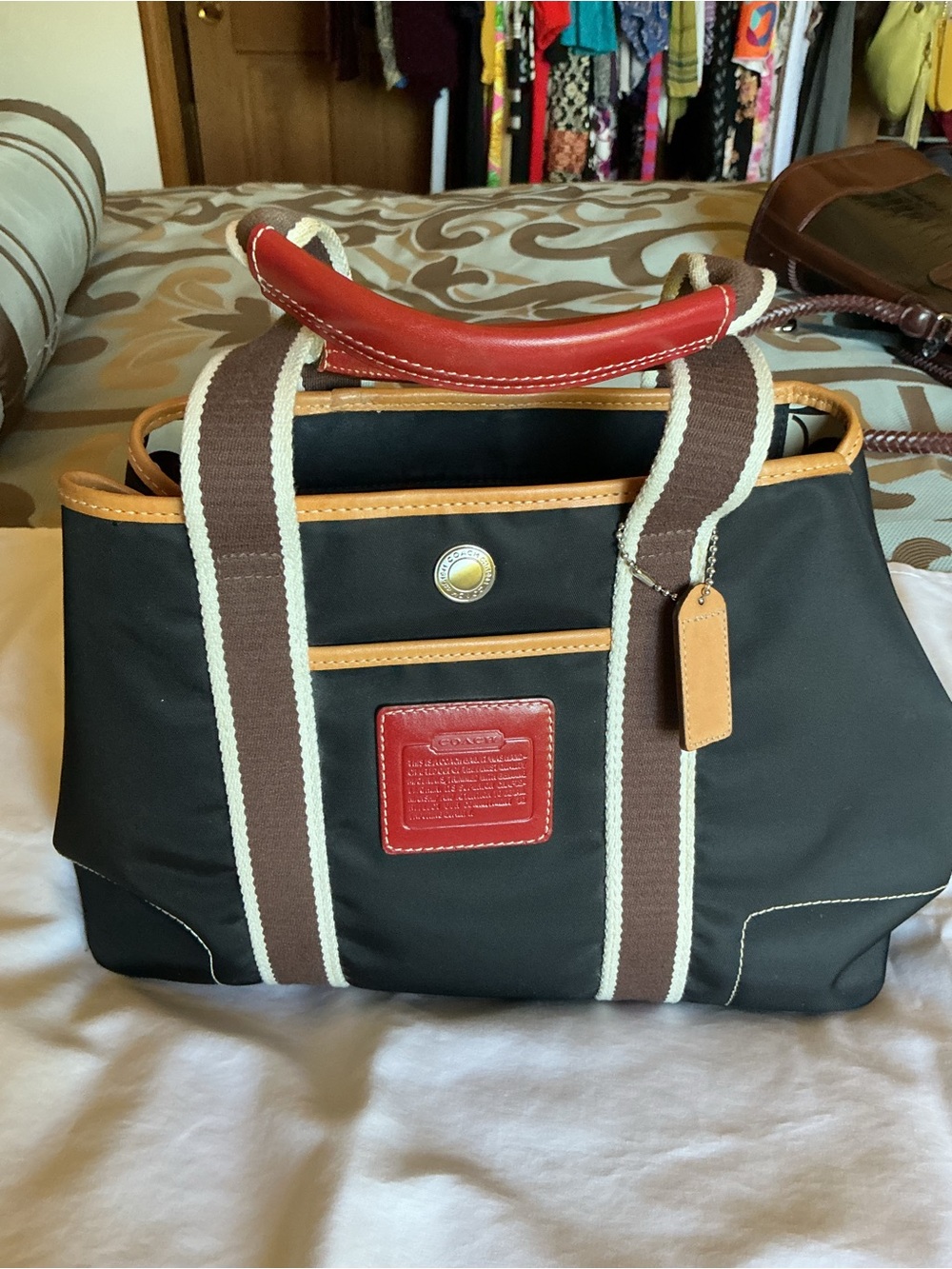 Coach Black Canvas Satchel with Brown, Tan, Red and Cream Accents